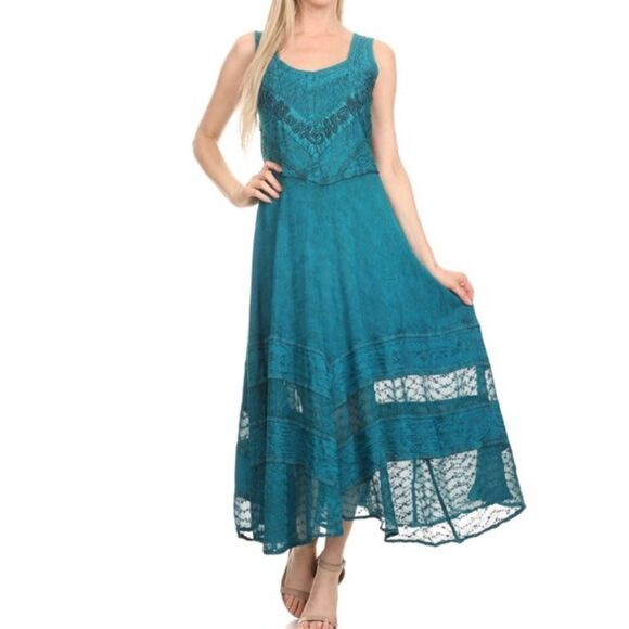 Sakkas Zendaya Stonewashed Embroidered Floral Vine Sleeveless V-Neck Dress S/M - Picture 1 of 16